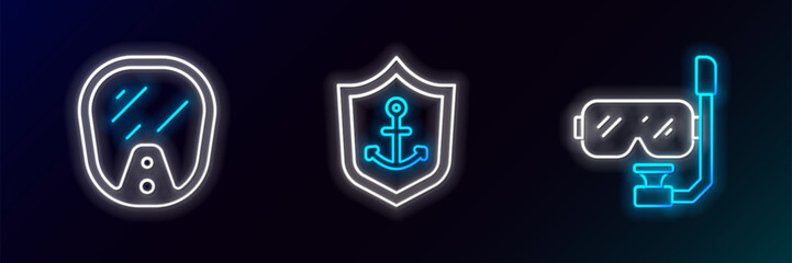 Set line Diving mask and snorkel, and Anchor inside shield icon. Glowing neon. Vector