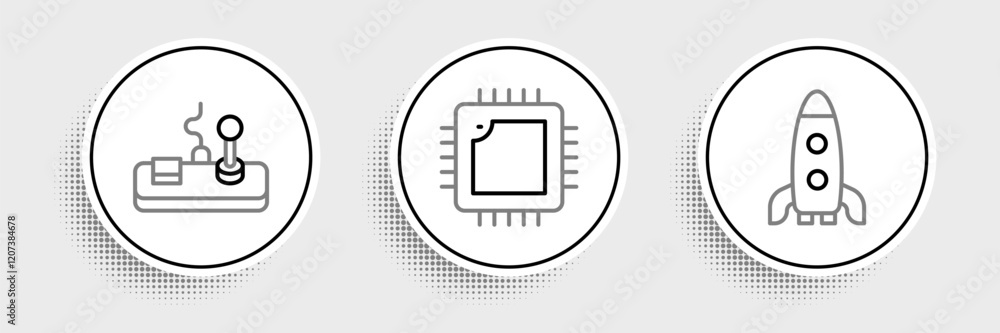 Poster set line rocket ship, gamepad and processor with cpu icon. vector