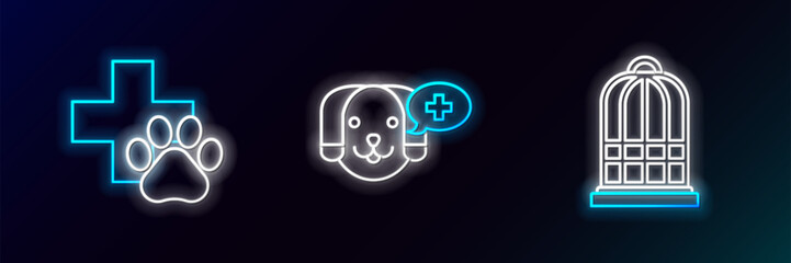 Set line Cage for birds, Veterinary clinic symbol and icon. Glowing neon. Vector