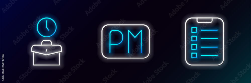 Poster set line to do list or planning, work time and day icon. glowing neon. vector