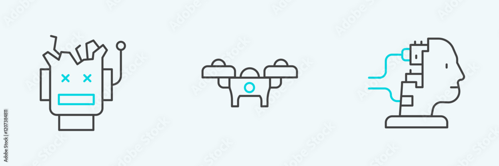 Aufkleber set line robot for maintenance, broken robot and drone icon. vector