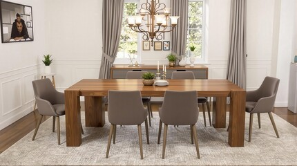Elegant modern dining room with wooden table and black leather chairs. Perfect for interior design, home decor, and lifestyle imagery