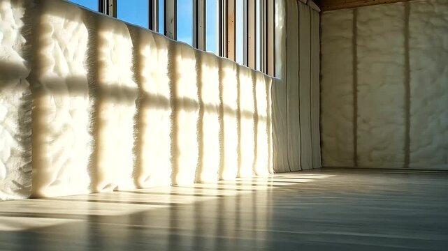 Mineral wool insulation panels arranged seamlessly in the building frame, with sunlight casting shadows that highlight the precision of the installation.