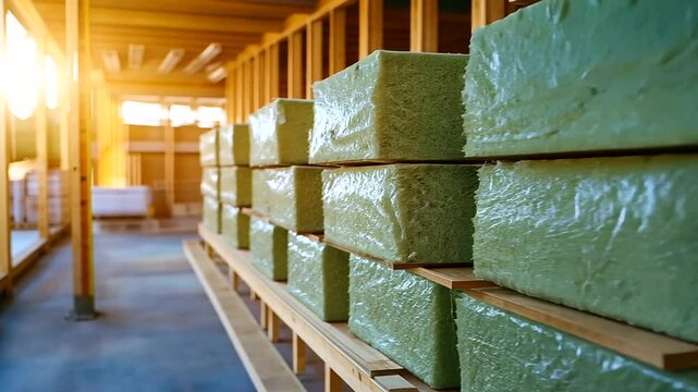 A well-organized construction site featuring mineral wool insulation installed neatly in the wooden framework, ready for the next phase of building.