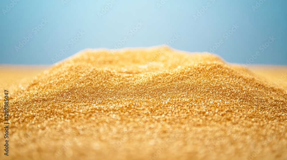 Poster close-up of a shimmering gold dust mound against a soft blue background, creating a captivating and 