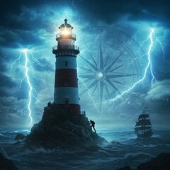 Lighthouse Storm Dramatic Seascape Climber Ship Compass Night man sky art dark blue risk hope wind  