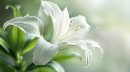 Fototapeta premium Elegant white lily with dew drops in a serene natural setting