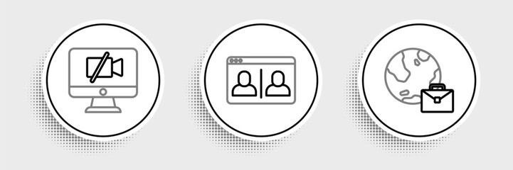 Set line Online working, Video camera Off on computer and chat conference icon. Vector