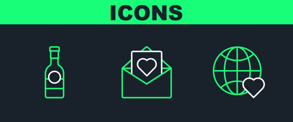 Set line The heart world love, Champagne bottle and Envelope with Valentine icon. Vector