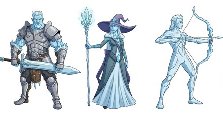 Fantasy ice characters trio: warrior, mage, archer in cool-toned armor and costumes