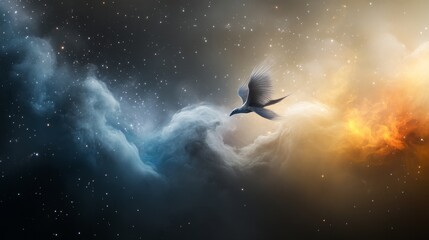 A Majestic Bird Soaring Through the Mystical Cosmos, Reflecting Freedom and Serenity Amidst a Starry Night Sky with Colorful Nebulae and Ethereal Clouds