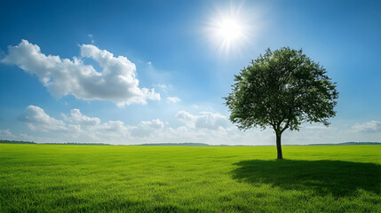 Obraz premium Lush Green Field Under Bright Sun and Blue Sky with Single Tree