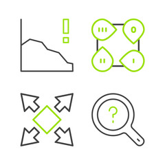 Set line Unknown search, Many ways directional arrow, Infographic element and Financial growth decrease icon. Vector