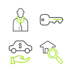 Set line Search house, Car rental, House key and Realtor icon. Vector