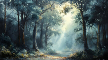Obraz premium Enchanted Forest Scene with Light Beams Breaking Through Trees
