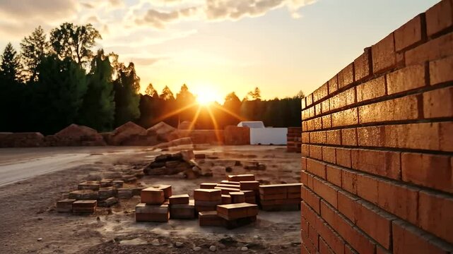 Stacks of red clay bricks arranged neatly on a clean construction site, with sunlight highlighting their texture and durability.