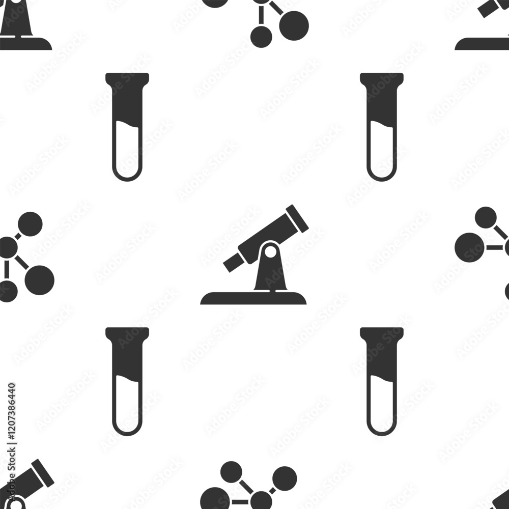Aufkleber set molecule, telescope and test tube and flask on seamless pattern. vector