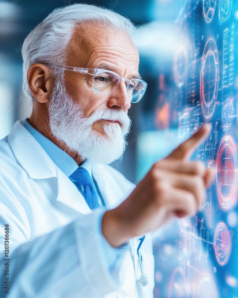 Poster senior scientist engaging with digital interface of advanced technology