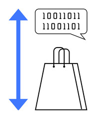 Binary code in speech bubble above shopping bag with vertical blue double-headed arrow. Ideal for e-commerce, digital marketing, coding, online shopping, measurement, technology, and data themes