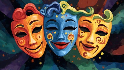 A vibrant illustration of three colorful theater masks