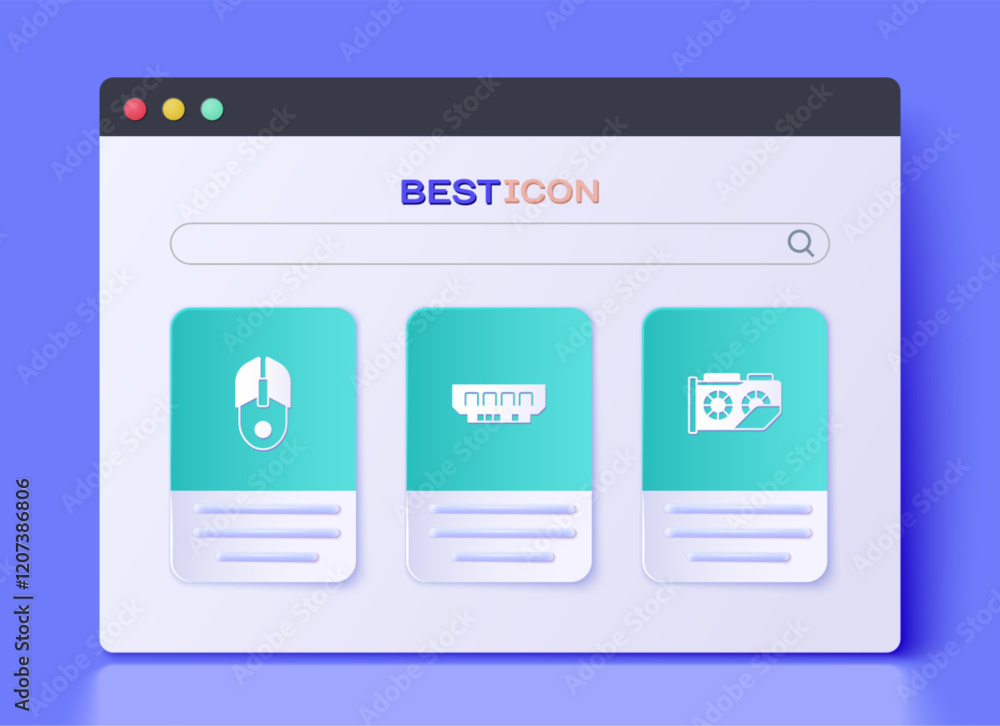 Poster set ram, random access memory, computer mouse and video graphic card icon. vector