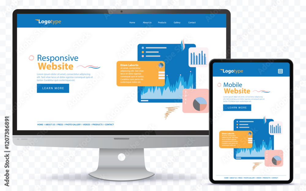 Poster responsive web design with desktop computer screen and tablet pc vector illustration on transparent 