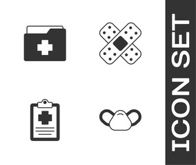 Set Medical protective mask, Patient record, and Crossed bandage plaster icon. Vector