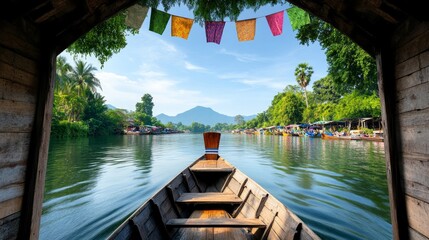 Serene View from a Boat on a Calm River Surrounded by Lush Greenery and Vibrant Colorful Pennants Against a Clear Blue Sky
