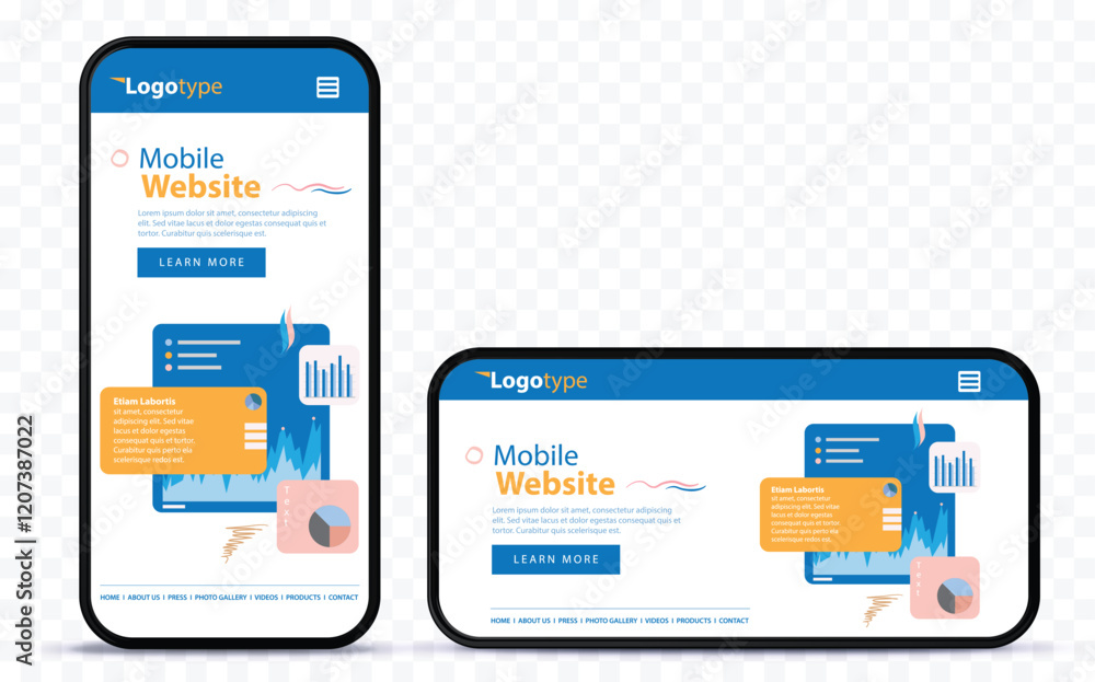 Poster mobile web design template on vertical and horizontal mobile phone screen. smartphone vector mockup 