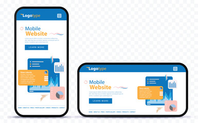 Mobile Web Design Template on Vertical and Horizontal Mobile Phone Screen. Smartphone vector mockup with transparent background.