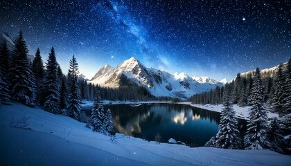 Fototapeta premium 星空の下の雪山と湖：幻想的な冬の風景