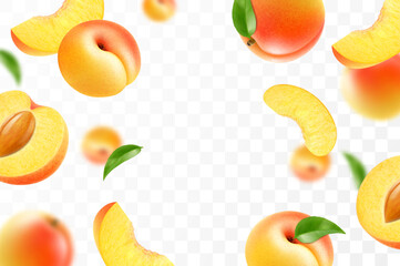Flying ripe apricot. Bright advertising background falling juicy sweet peach, realistic illustration with blurred effect. 3d vector design for advertising banners and web page design