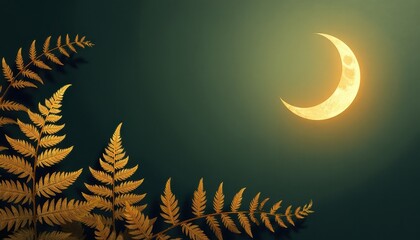 Digital Artwork: Crescent Moon Illuminated by Soft Light Against Golden Ferns in a Deep Blue Night Sky