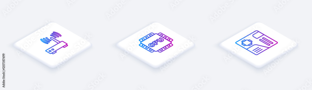 Poster set isometric line router and wi-fi signal, processor with cpu and motherboard digital chip. white s