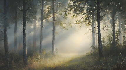 Obraz premium Serene Misty Forest with Sunlight Filtering Through Trees