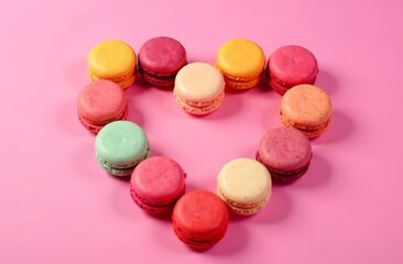 Obraz premium Colorful almond cakes, cream-filled cookies and macaroon macaroons lie in a heart shape on a pink background