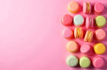 Fototapeta premium Close-up of multi-colored almond cakes, cream-filled cookies and macaroon macaroons on a pink background
