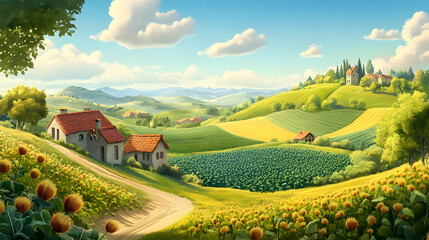 Serene Countryside Landscape with Rolling Hills and Sunny Skies
