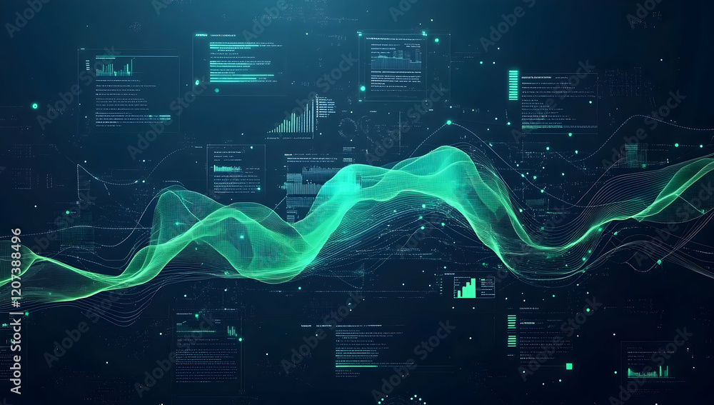 Poster abstract data visualization background with green and blue waves, a dark navy gradient color backdro