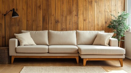 Beige corner sofa against wooden paneling wall in minimalist living room