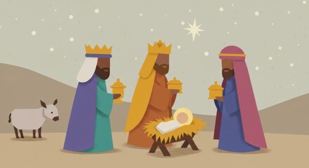 Naklejka premium Three wise men presenting gifts to baby jesus under starry night in nativity scene