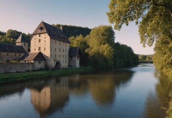 A large stone building is situated right on the shore of a river