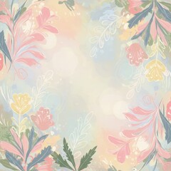Pastel floral background with delicate leaves and blooming flowers in watercolor style