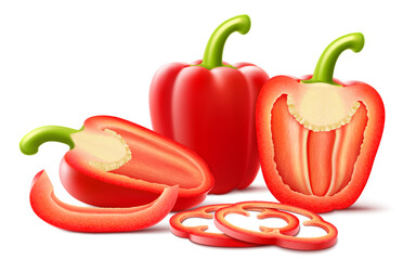 Fresh ripe bell pepper isolated vegetable on white background. Whole, half and slices of red raw pepper. Sweet paprika. Realistic 3d vector illustration.