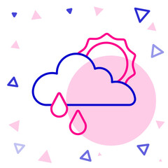Line Cloud with rain and sun icon isolated on white background. Rain cloud precipitation with rain drops. Colorful outline concept. Vector