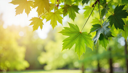Sunlit tree leaves swaying in gentle breeze, calm afternoon serenity