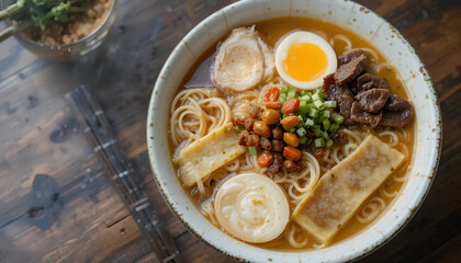 Aromatic Japanese Ramen Bowl with Soft Boiled Eggs, Nori, and Fresh Toppings
