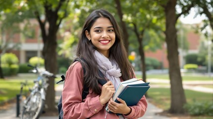 Smiling Female Student Outdoors Holding Books on a University Campus