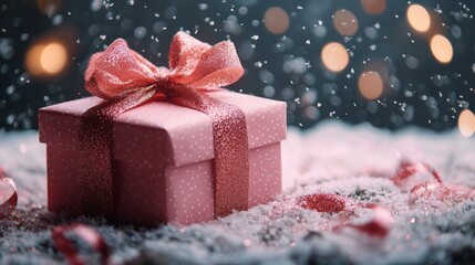 Fototapeta premium Pink Gift Box on Snowy Surface with Warm Lights