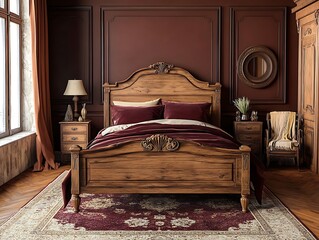Classic wooden bedroom with an antique wooden bed, deep burgundy accents, and a vintage rug,